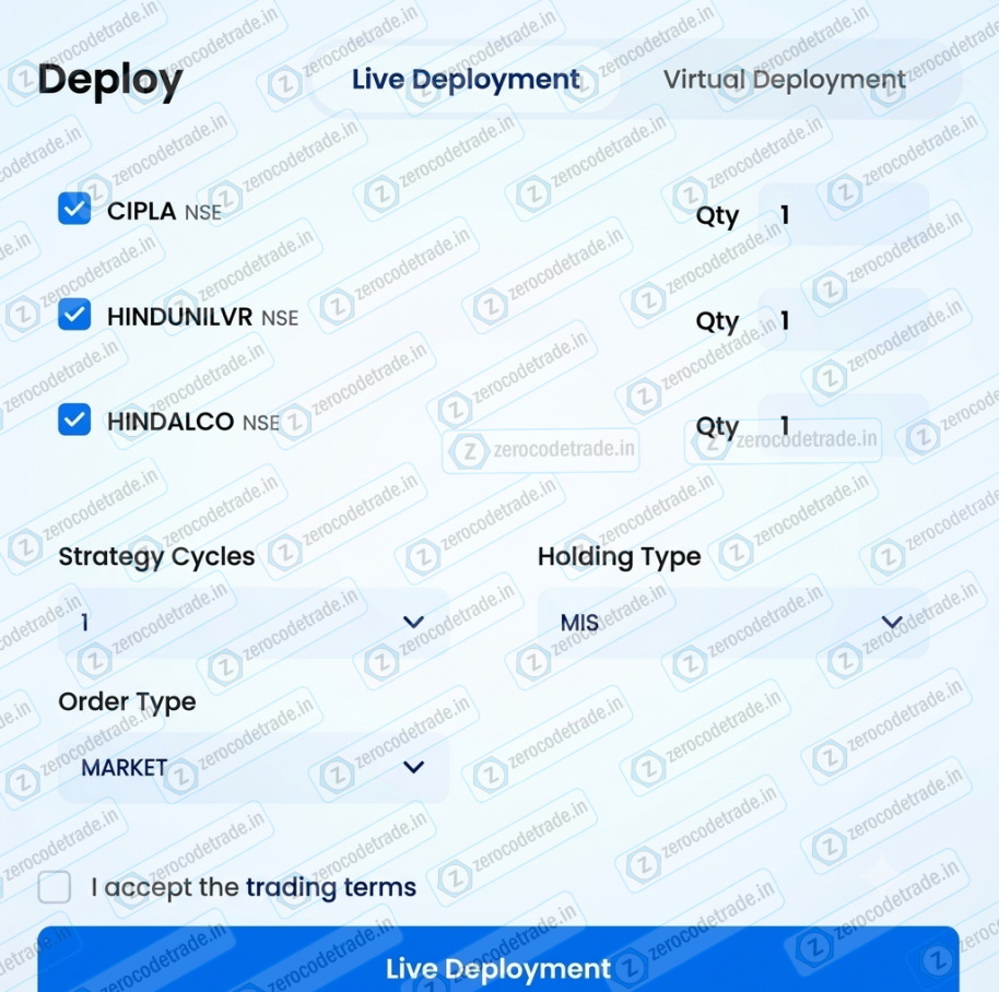 10.1 Pic Zerodha Streak deployment screen showing live and Virtual / paper trading options
