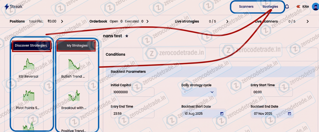 2.2 Pic Zerodha Streak dashboard interface with strategy and deployment tabs