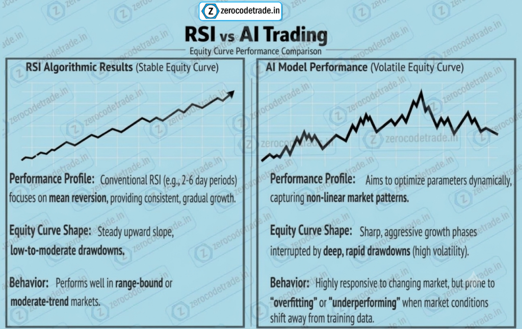 Backtesting equity curve comparison showing stable RSI algorithmic results vs volatile AI model performance.