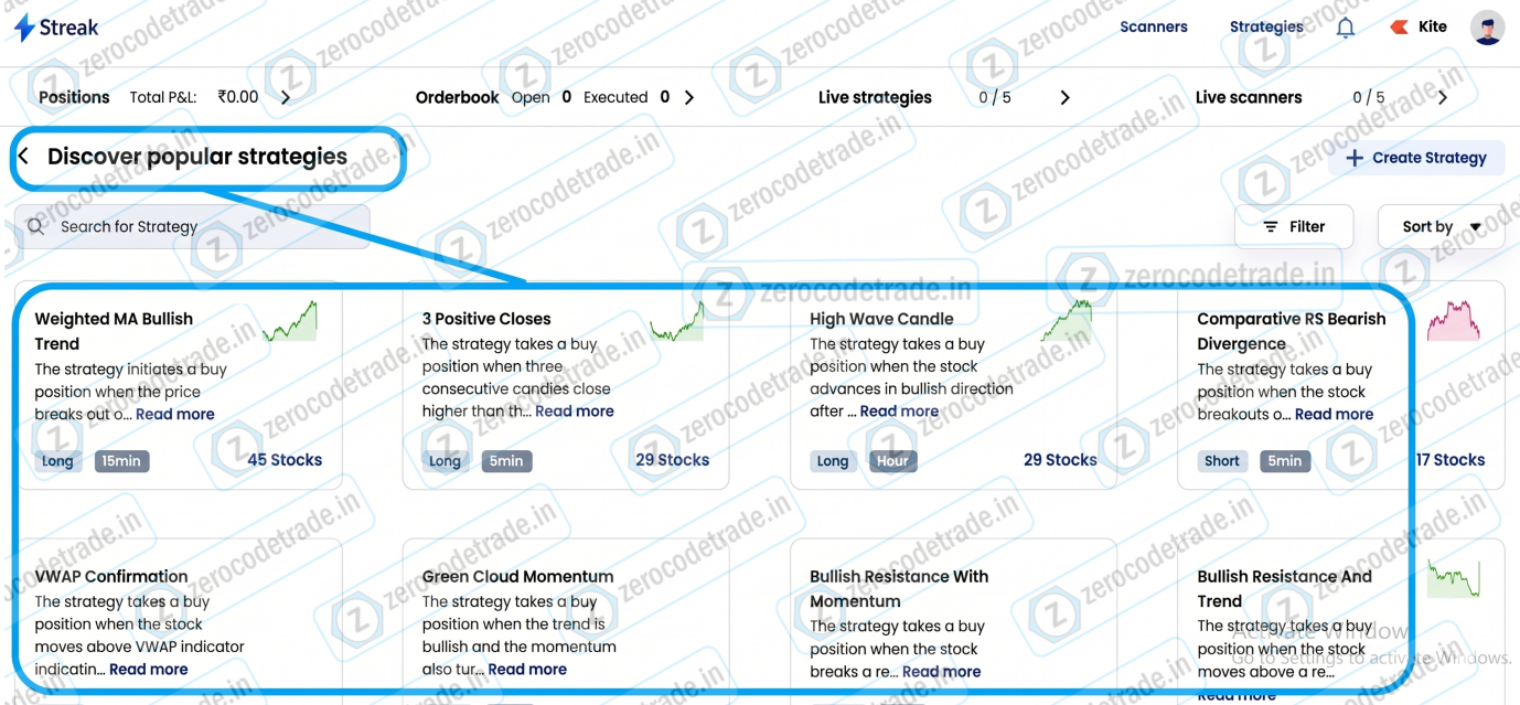 3.2 Pic List of ready-made algo trading strategies in Zerodha Streak
