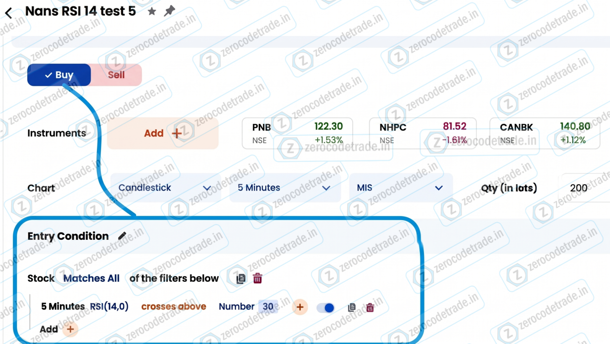 4.2 Pic Zerodha Streak strategy builder showing indicator selection & Entry condition