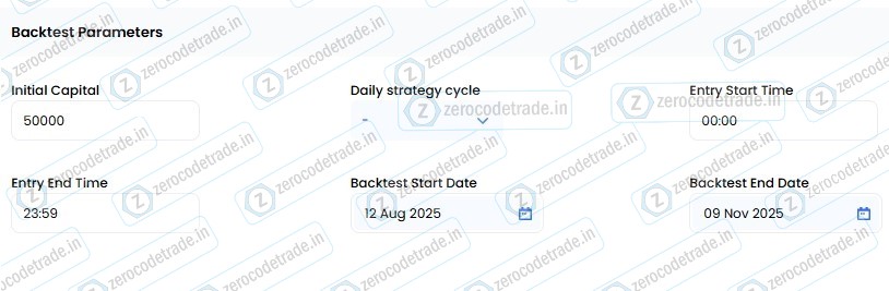 6.1 Pic Zerodha Streak strategy builder showing Backtest parameters